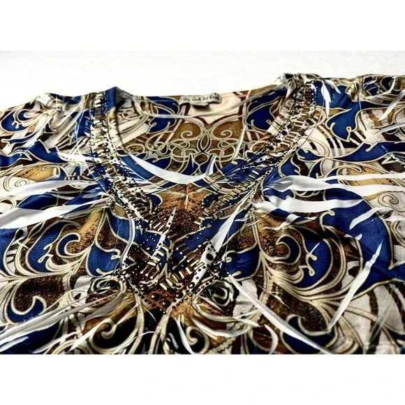 Live and Let Live Boho Beaded V-Neck Scroll Print Dress Women's Size L - Picture 4 of 10